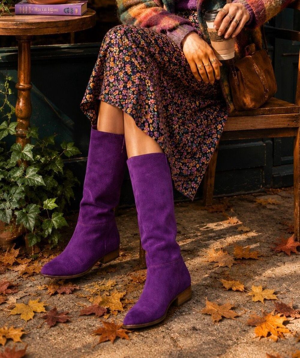 Vintage Orchid Purple Suede Leather Knee High Western Point Toe Boot
